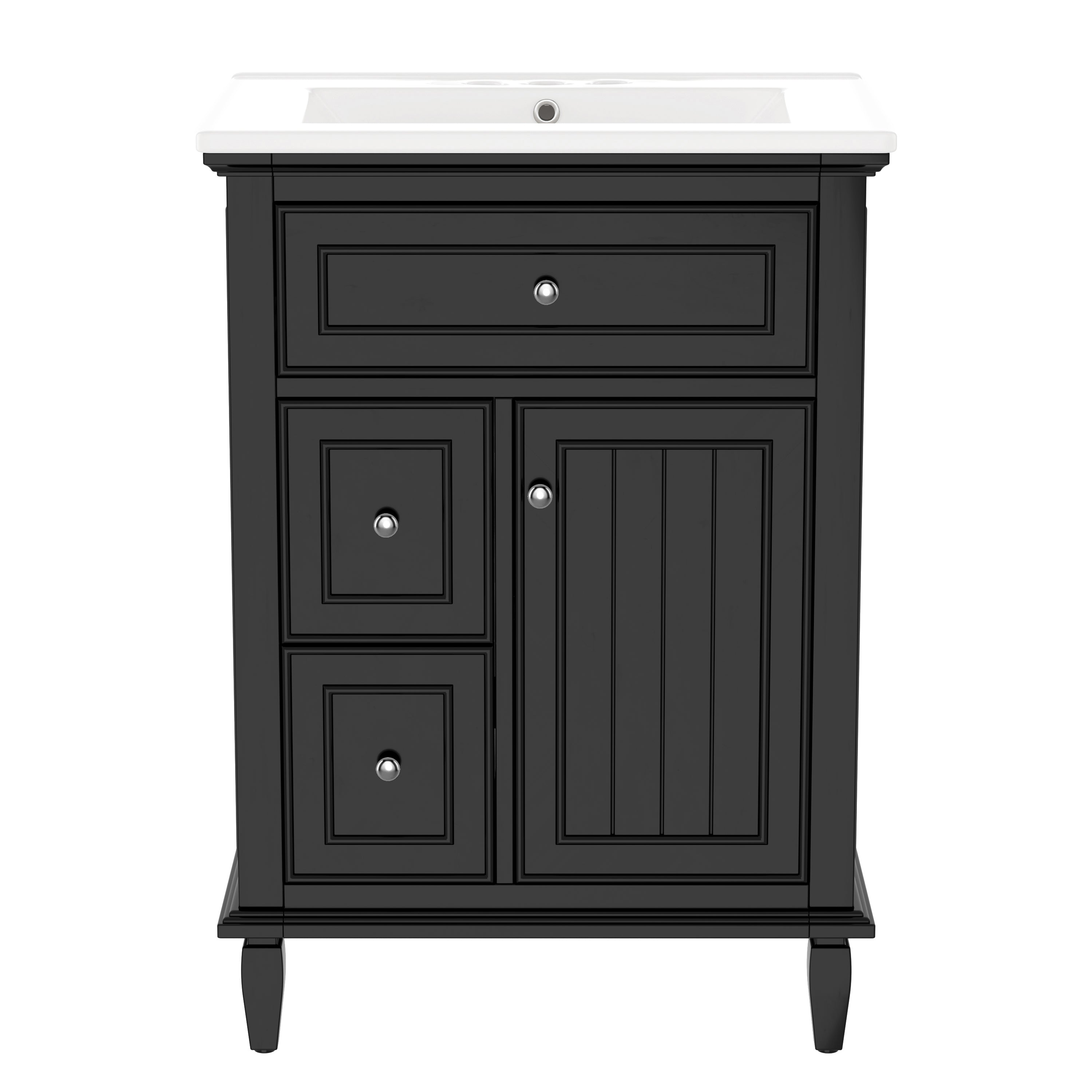 VanityFus 24-in Bathroom Vanity Black Single Sink Combo with Ceramic Top 1 Door 3 Drawers Adjustable Shelves